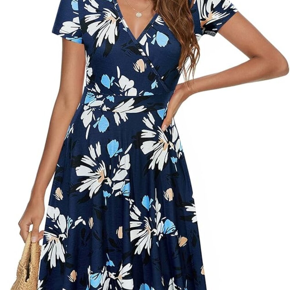 Beautiful Navy Blue Floral Wrap Dress Spring Casual V-Neck Midi BOHO Size Medium